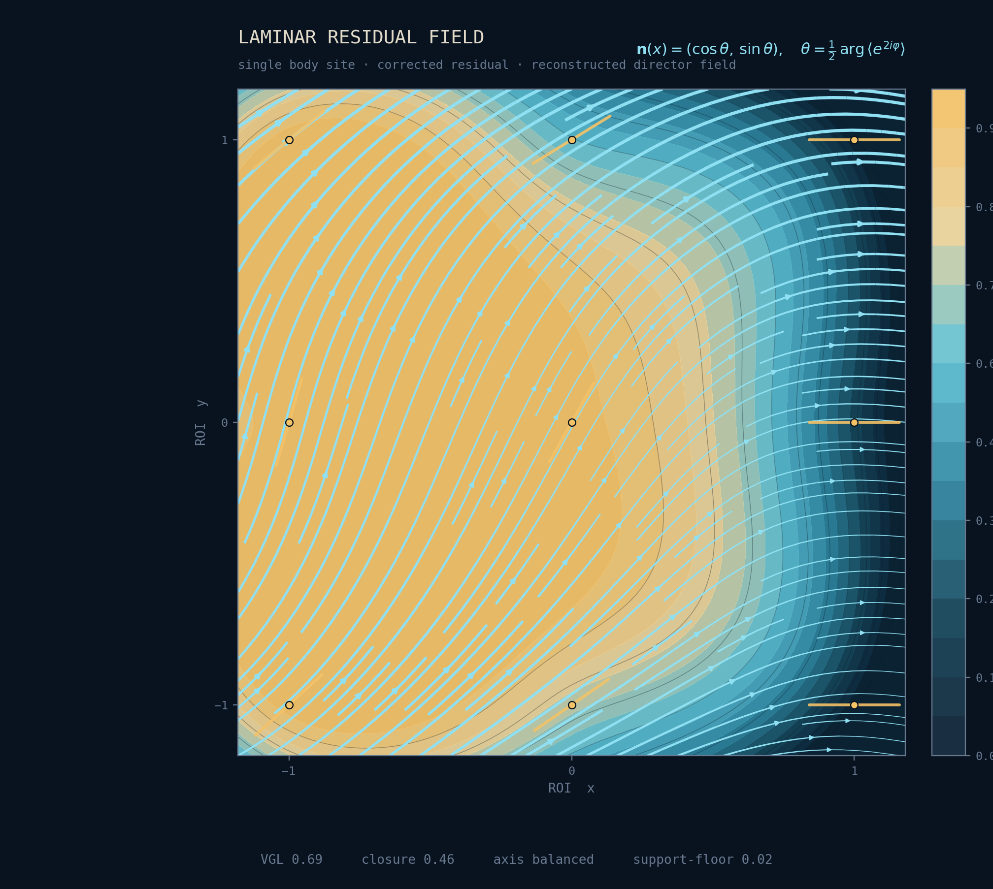 Single-site laminar residual field: a reconstructed director field with streamlines over a laminarity scalar map, from one measured body site.
