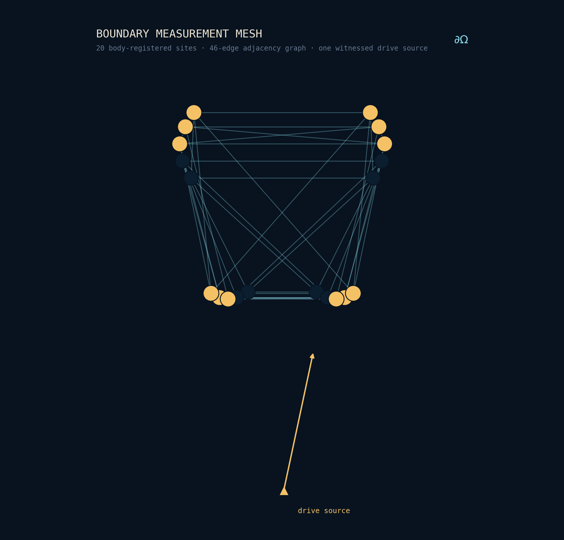 Boundary measurement mesh: 20 body-registered sites, a 46-edge adjacency graph, and one witnessed drive source.